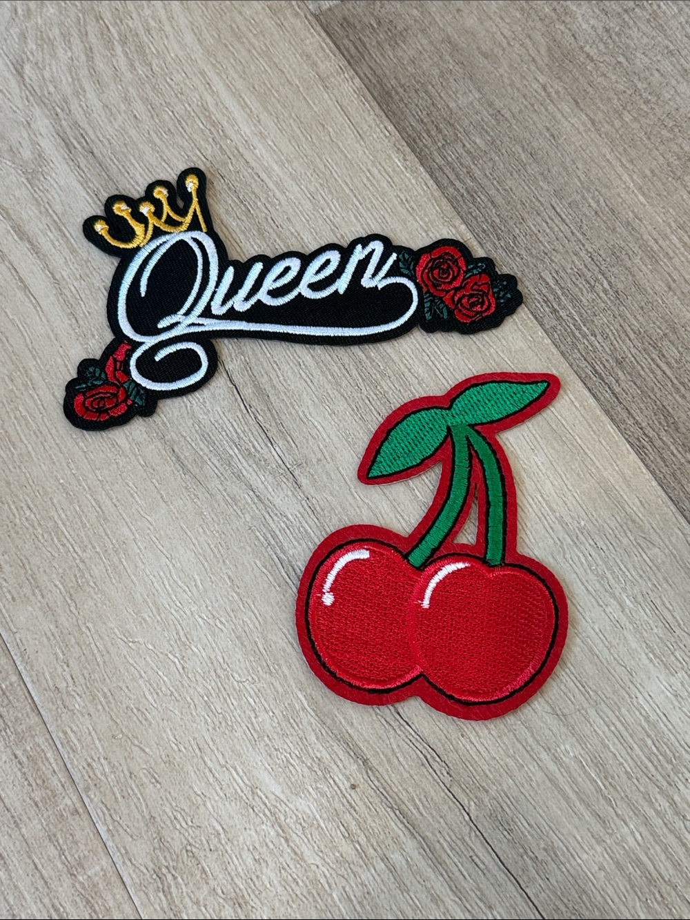 Queen Embroidered Patch & Red Cherry Iron-On Patch Set